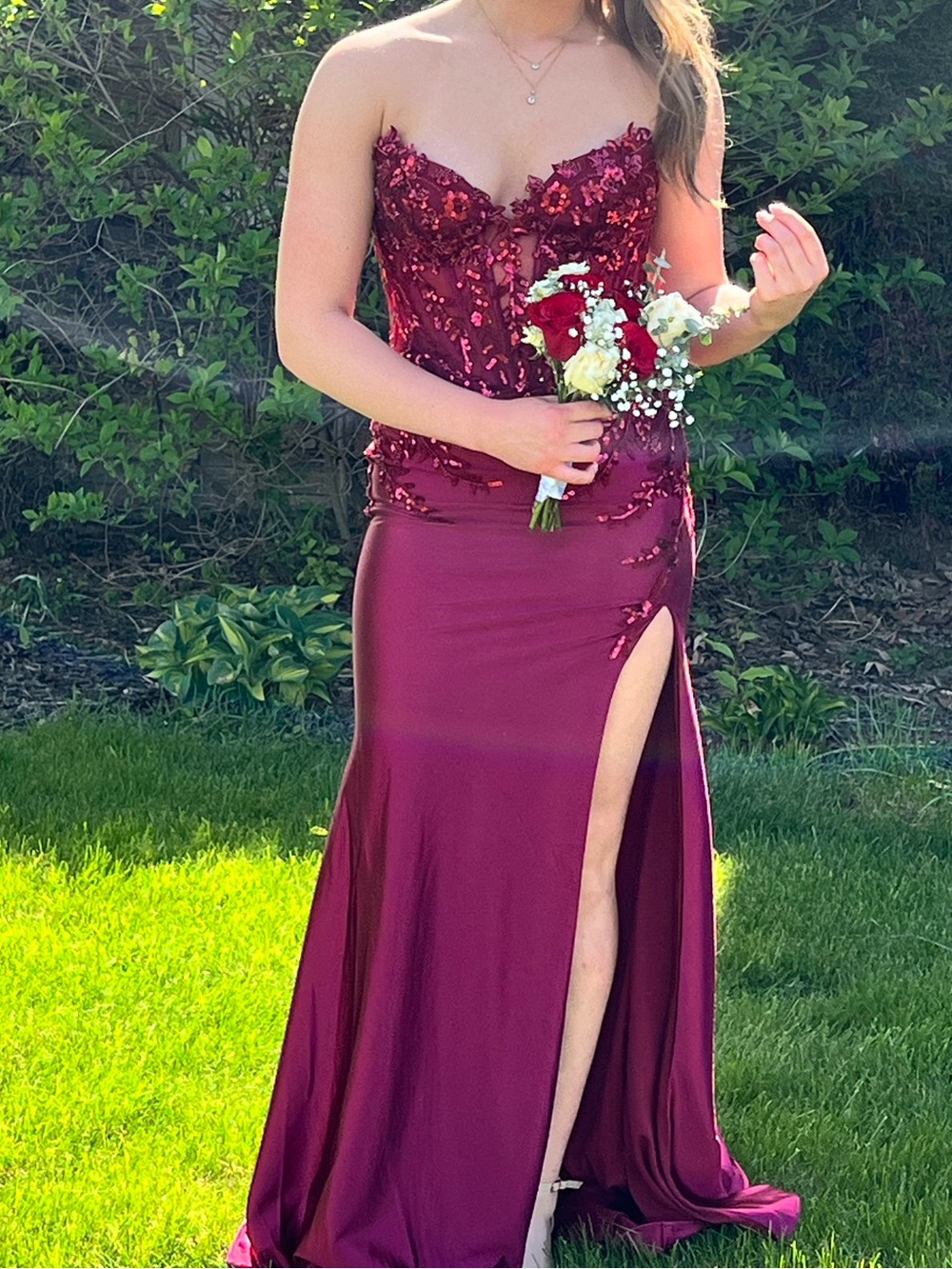 Strapless Burgundy Sequin Corset Prom Dress with High Slit
